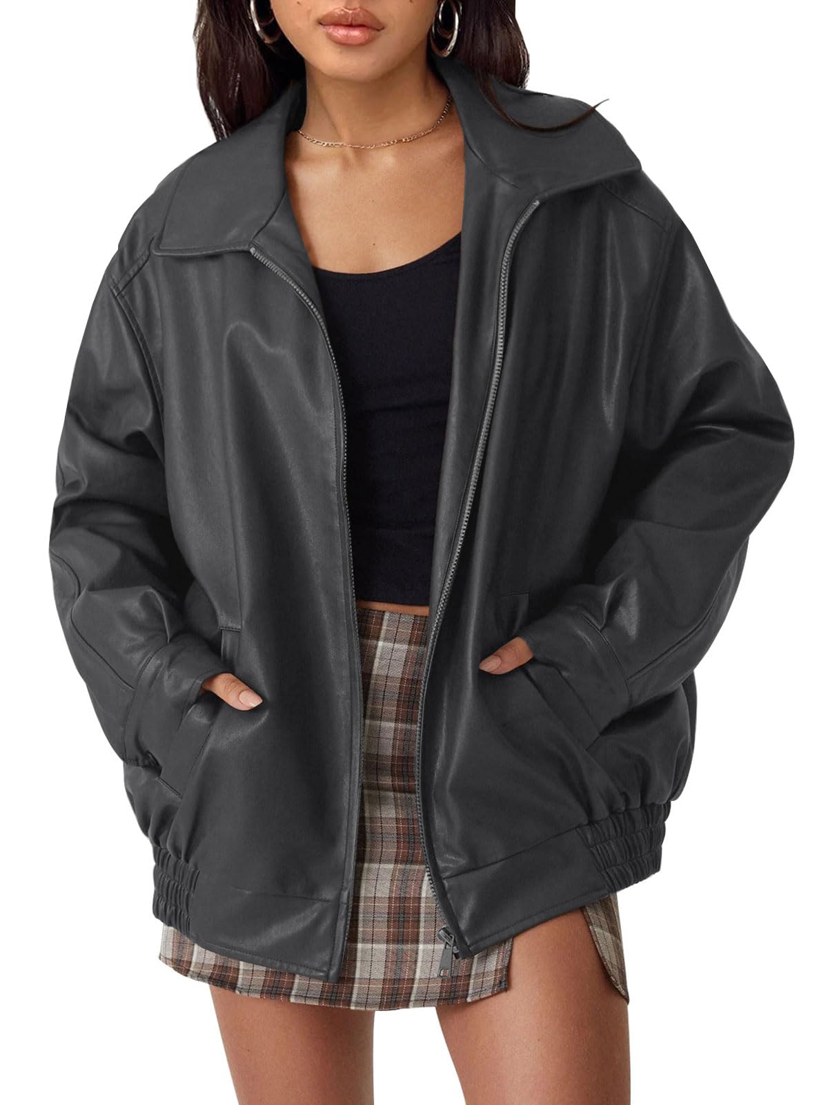 AUTOMET Women's Oversized Faux Leather Jacket