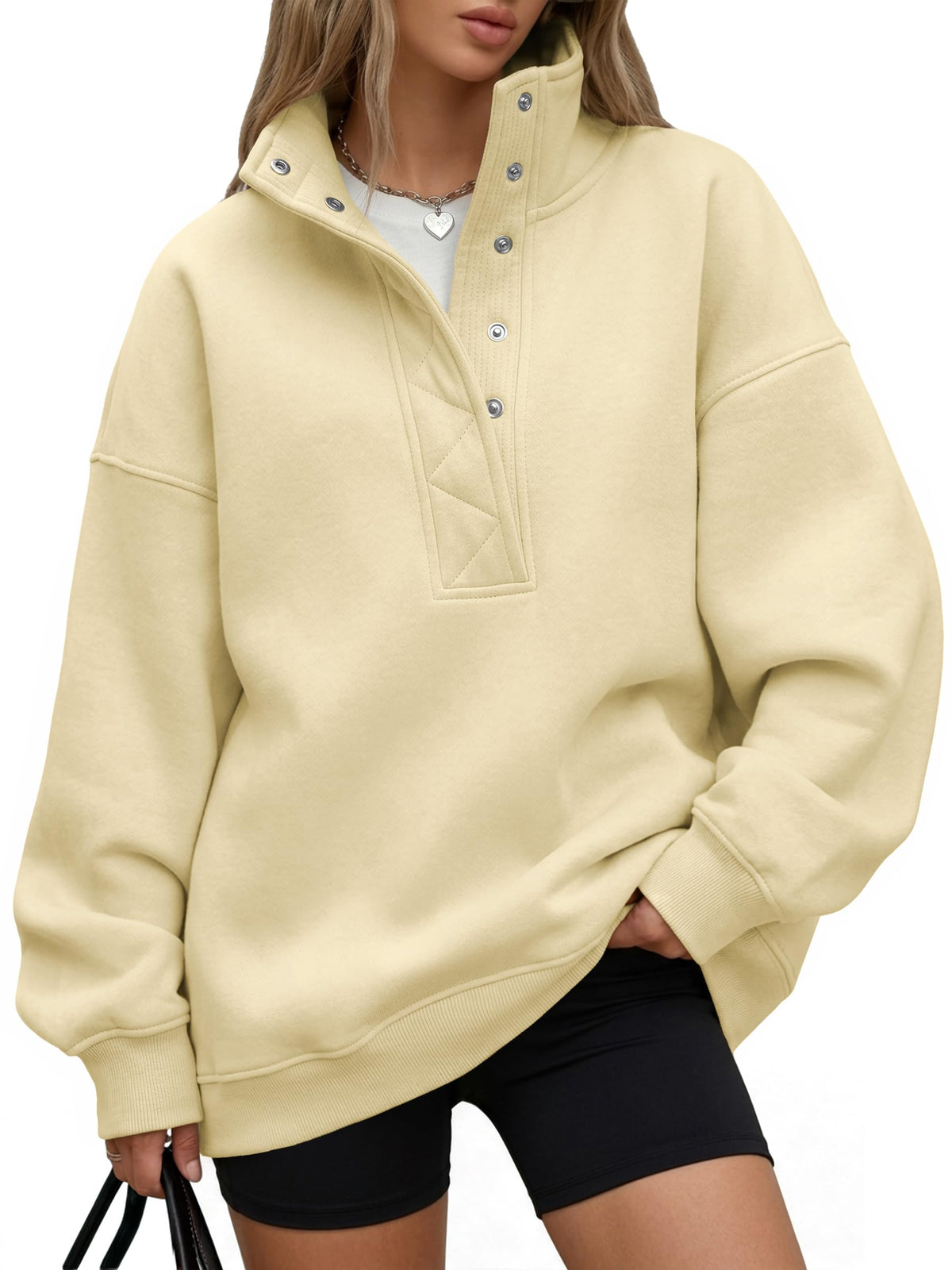 Trendy Queen Womens Oversized Sweatshirts with Snap Button Henley Collar