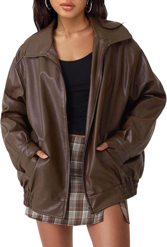 AUTOMET Women's Oversized Faux Leather Jacket