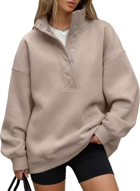 Trendy Queen Womens Oversized Sweatshirts with Snap Button Henley Collar
