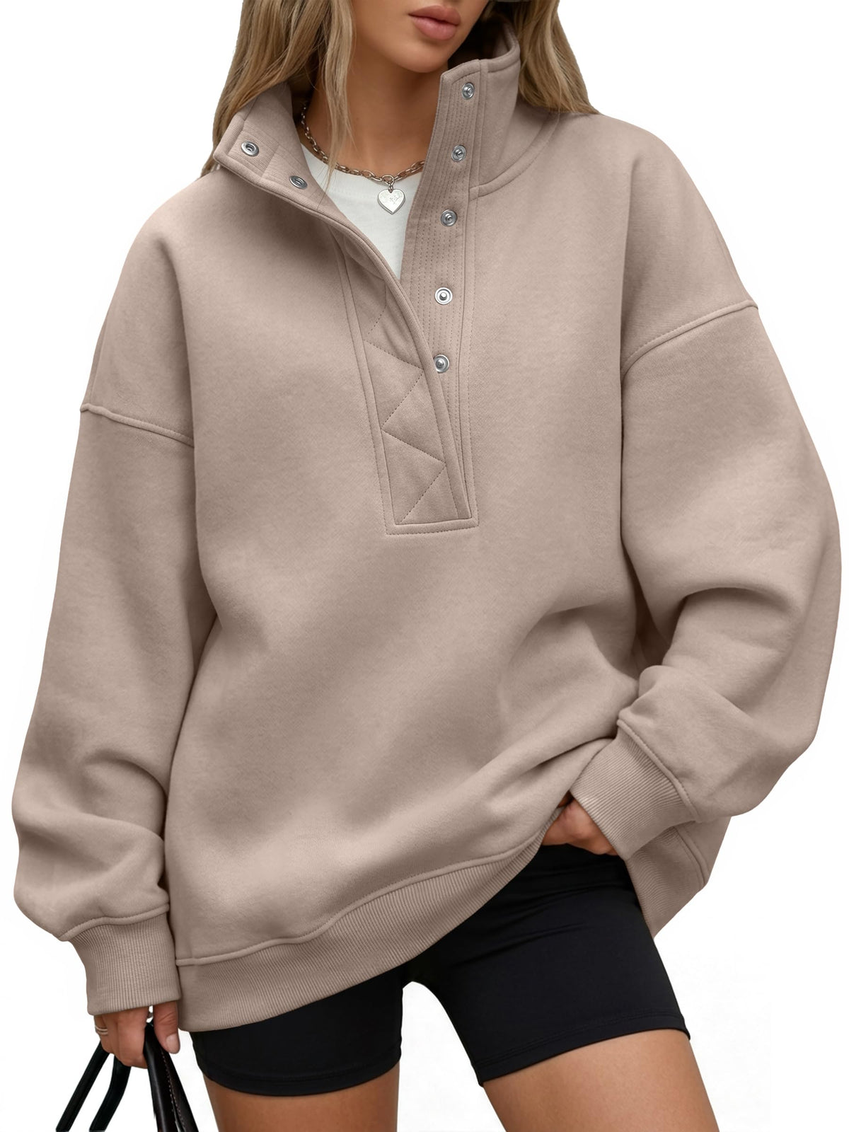 Trendy Queen Womens Oversized Sweatshirts with Snap Button Henley Collar