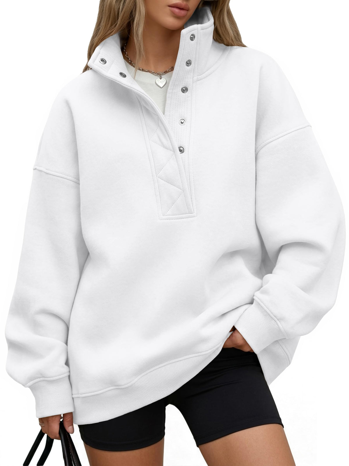 Trendy Queen Womens Oversized Sweatshirts with Snap Button Henley Collar