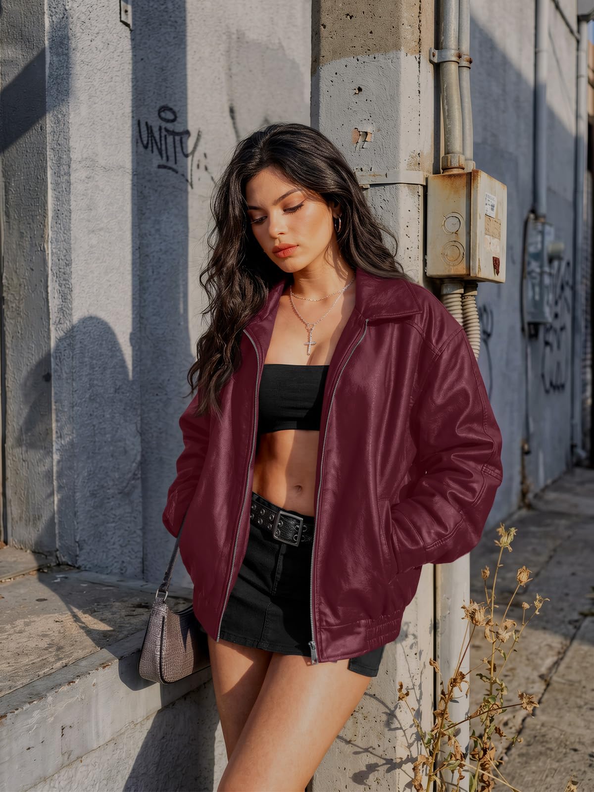 AUTOMET Women's Oversized Faux Leather Jacket