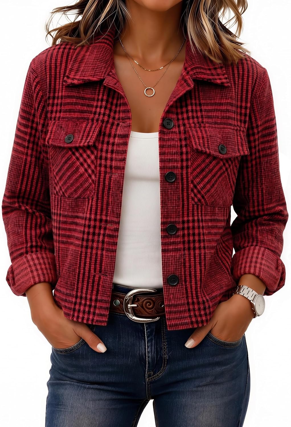 Zeagoo Women's Cropped Plaid Flannel Jacket