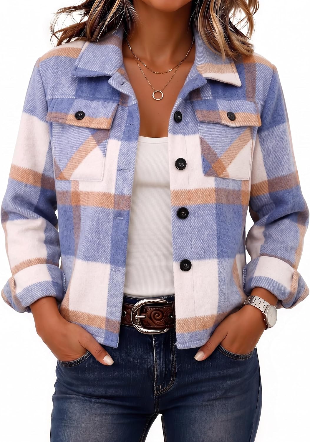 Zeagoo Women's Cropped Plaid Flannel Jacket