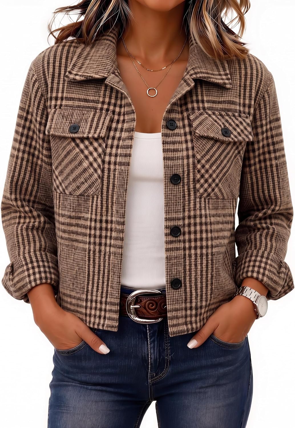 Zeagoo Women's Cropped Plaid Flannel Jacket