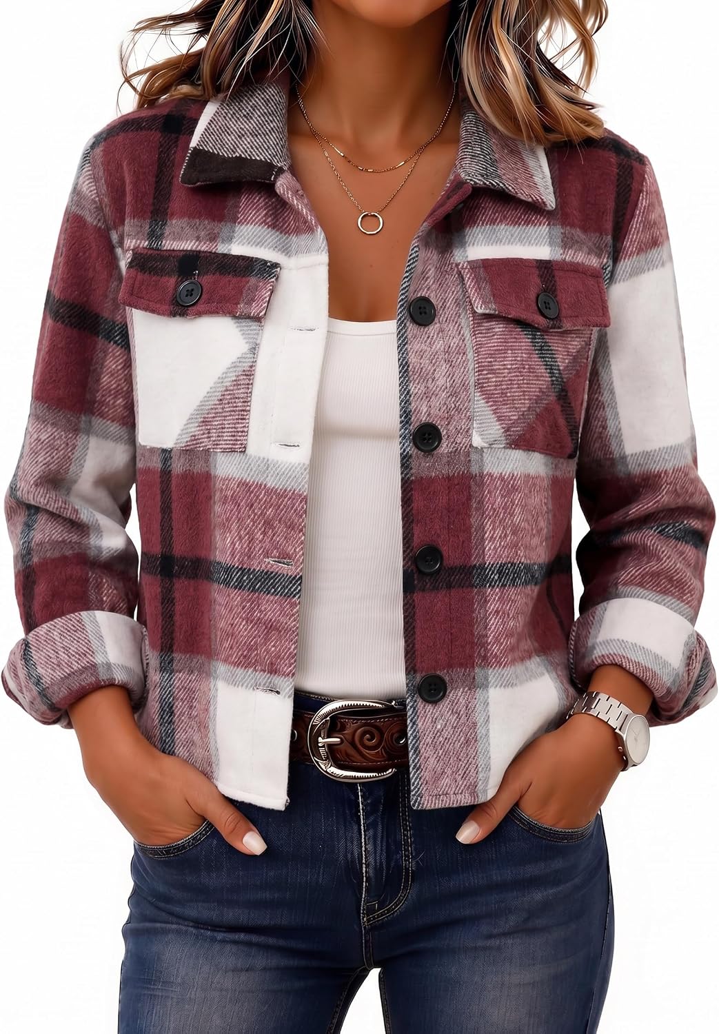 Zeagoo Women's Cropped Plaid Flannel Jacket