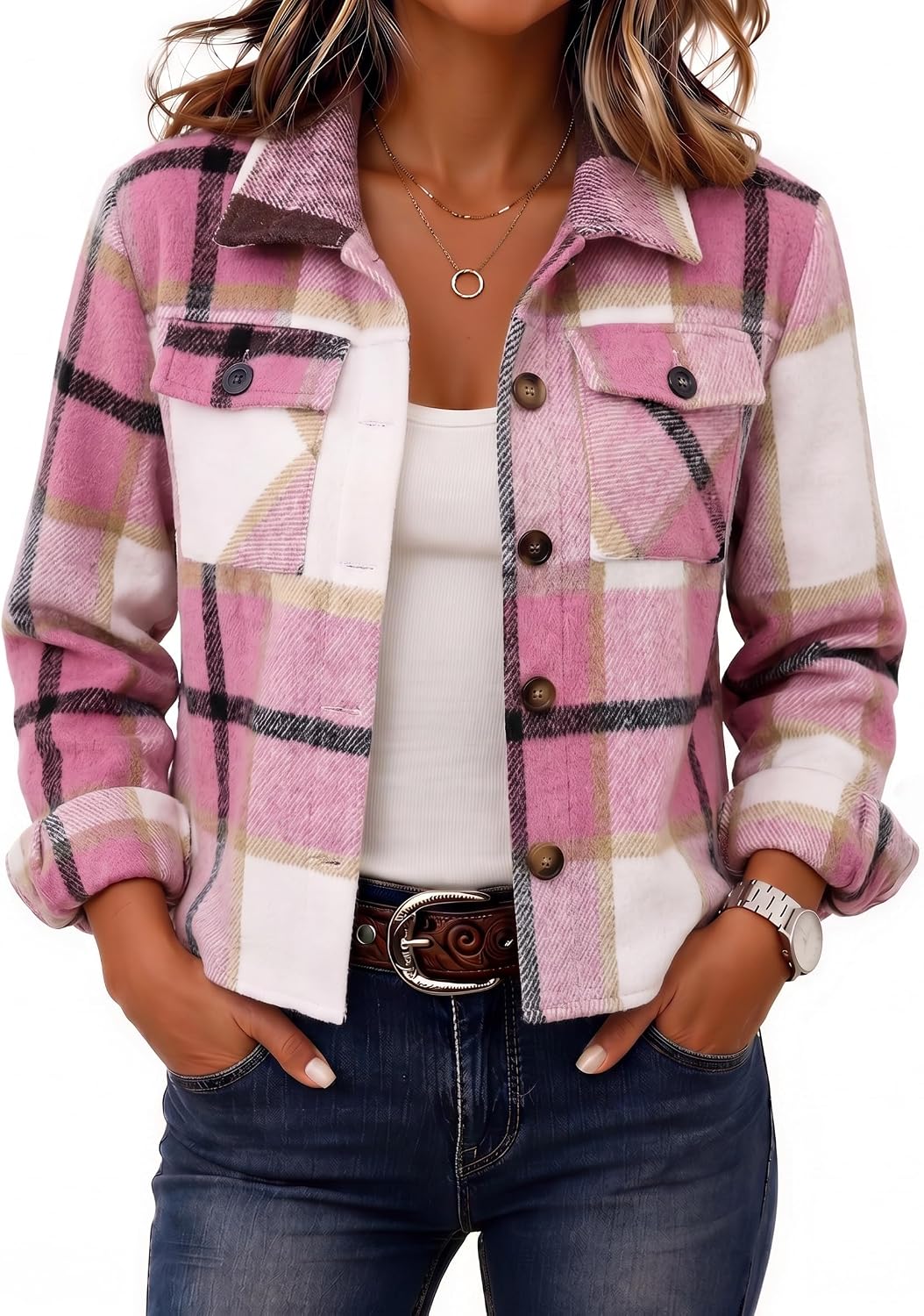 Zeagoo Women's Cropped Plaid Flannel Jacket