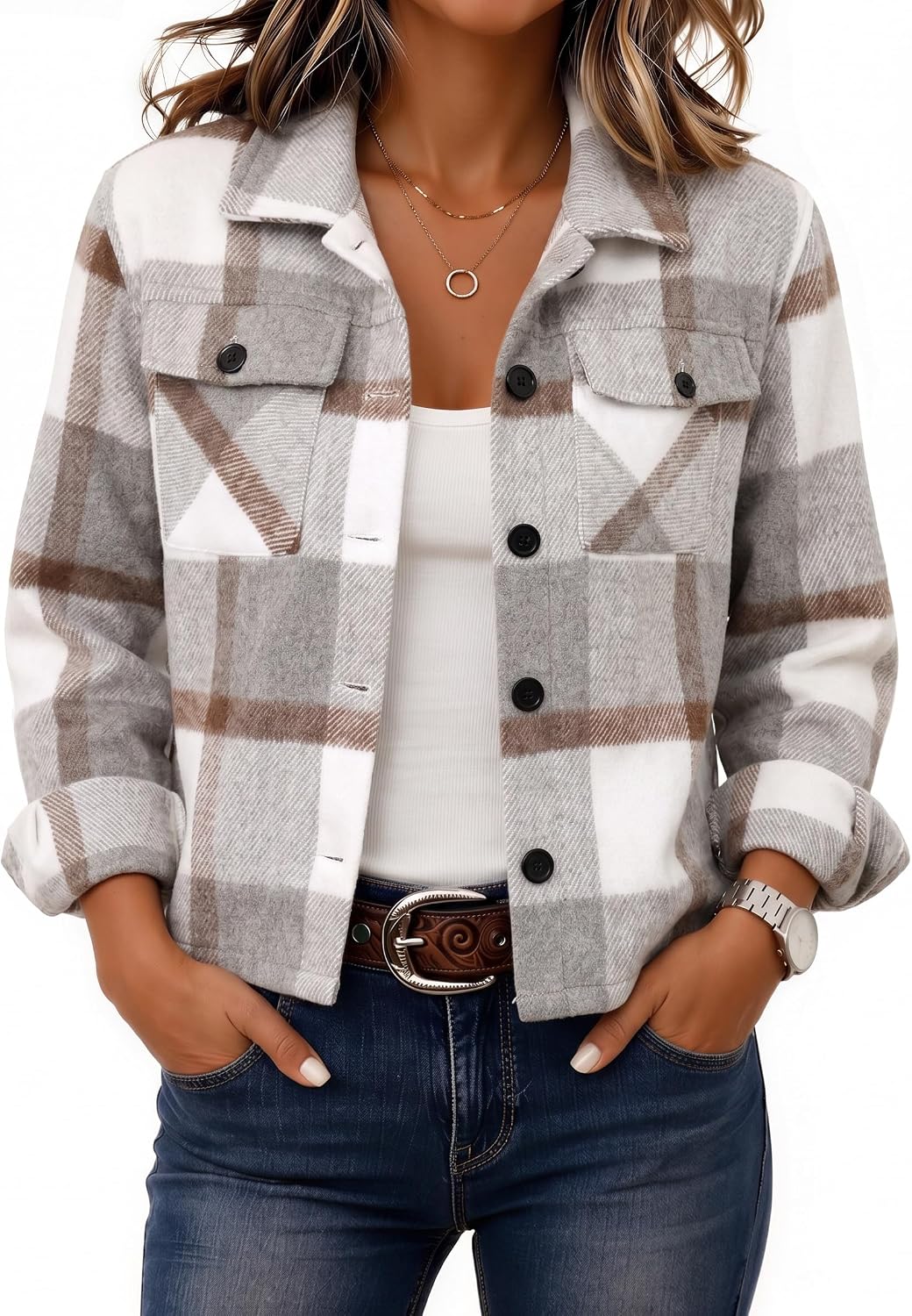Zeagoo Women's Cropped Plaid Flannel Jacket