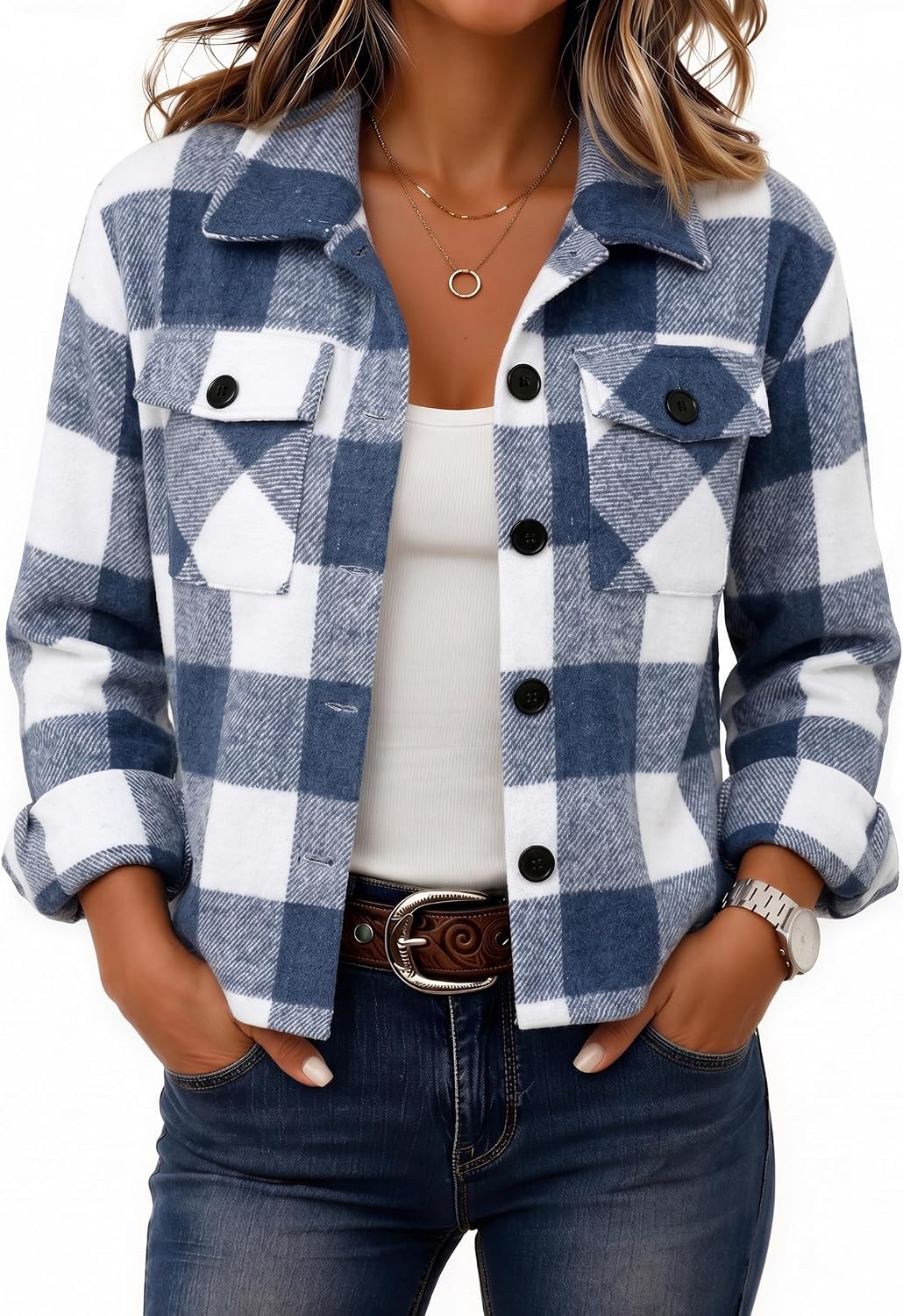 Zeagoo Women's Cropped Plaid Flannel Jacket