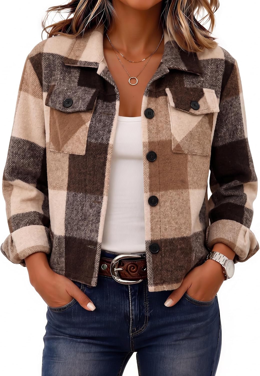 Zeagoo Women's Cropped Plaid Flannel Jacket
