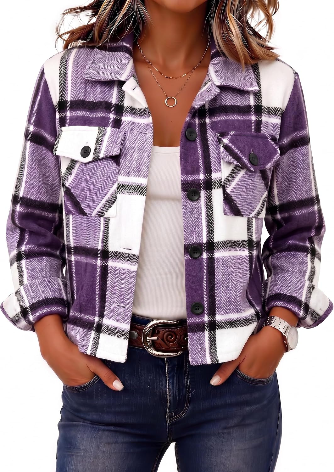 Zeagoo Women's Cropped Plaid Flannel Jacket