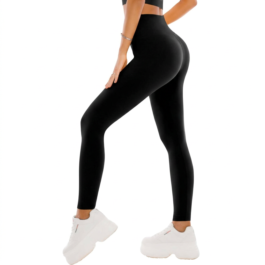 Black high-waisted leggings, shown on a model against a square white background